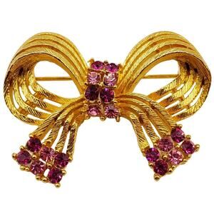 Lisner Gold Bow Brooch Magenta Pink Rhinestone Ribbon Pin Vintage Signed